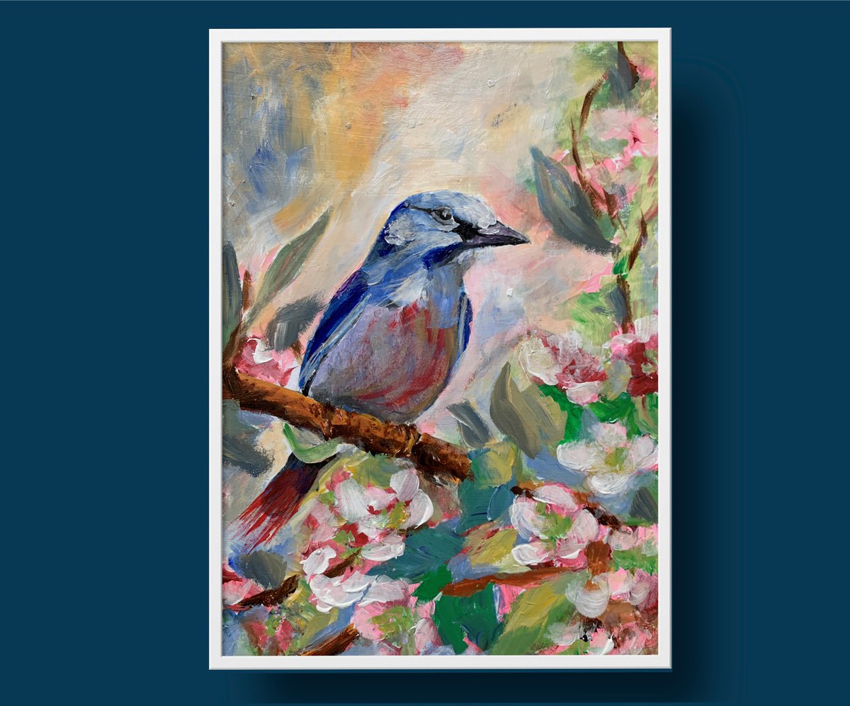Bird on the branch. Original oil painting. by Vita Schagen