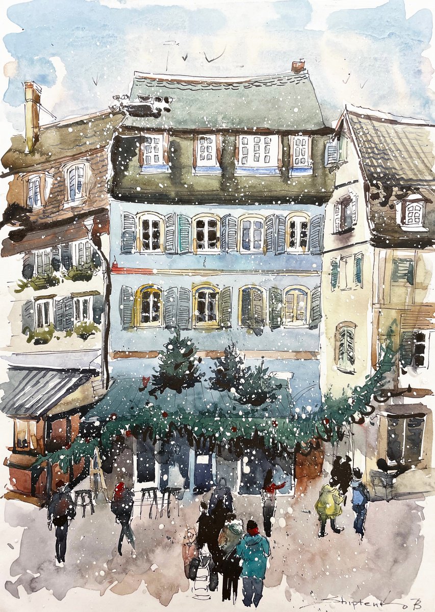 Photorealistic Cityscapes Watercolour By Bogdan Shiptenko, 12 X 16, Winter Holland, Original Artwork