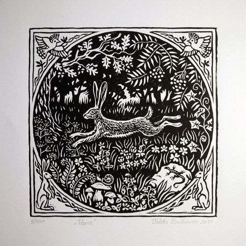 Hare linocut print. by Valdis Baskirovs