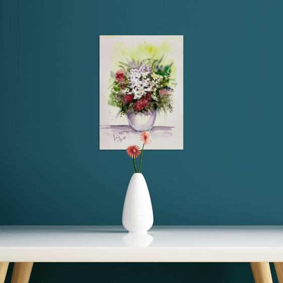 Vase of Flowers Watercolor Floral painting- 10.25"x 14"