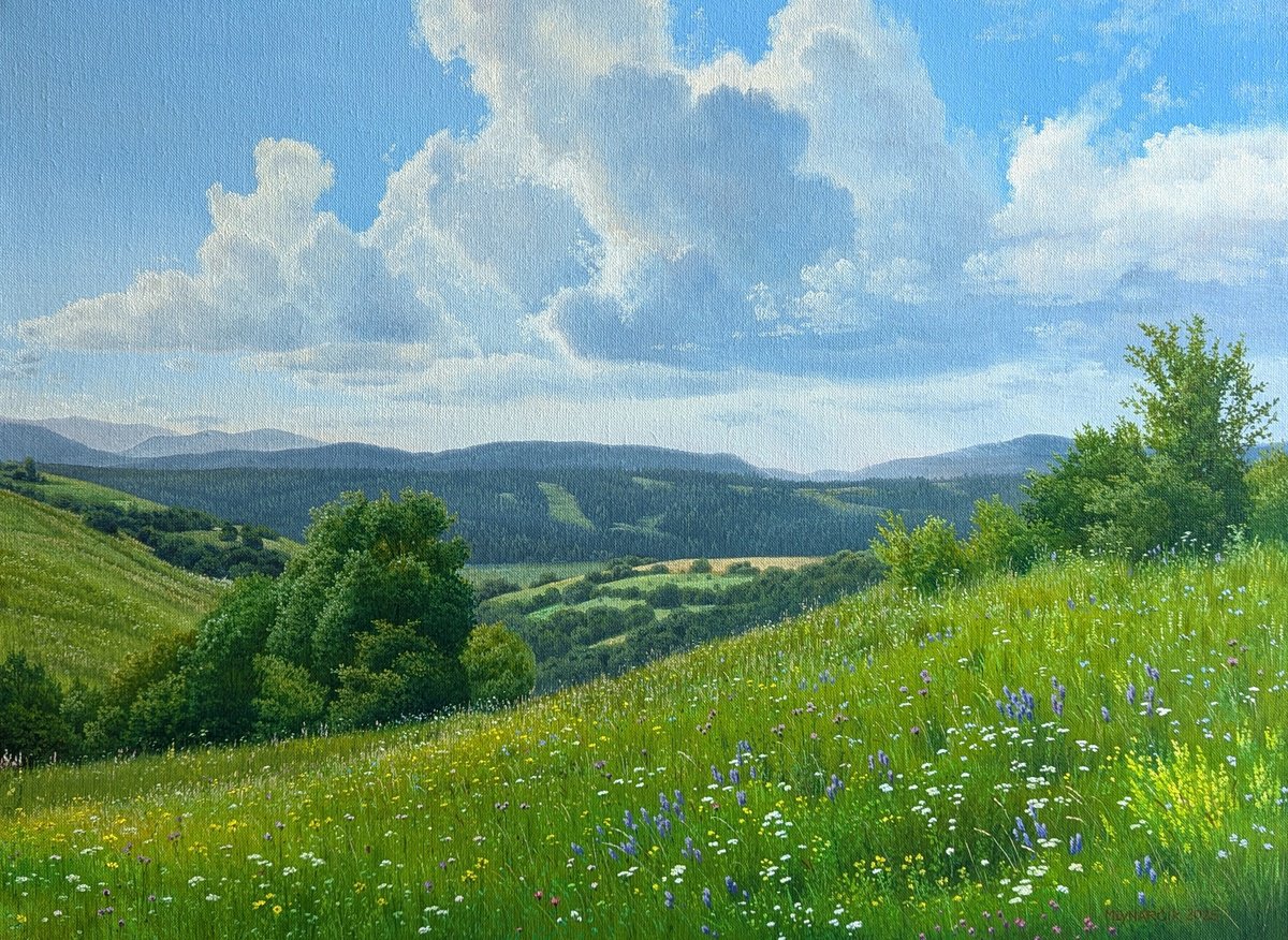 Photorealistic Landscape Oil Painting By Mlynarcik Emil, 24 X 16", Meadows Of Early Summer, Original Artwork