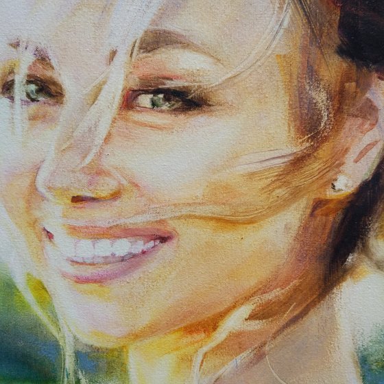 Commission artistic portrait. Portrait of the bride. Romantic portrait. Oil on canvas.