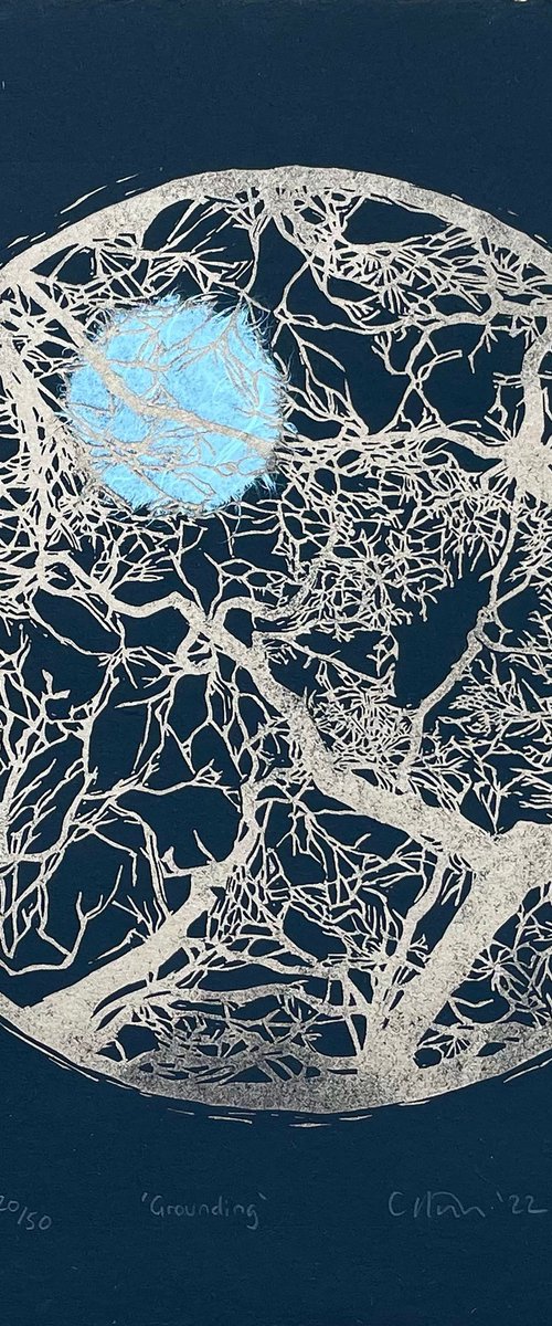 Lino Print - Grounding - Tree Branch Contemporary Linocut Print by C Staunton