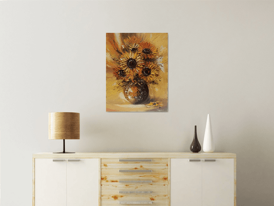 Sunflowers in the vase (55x70cm, oil painting,  ready to hang)