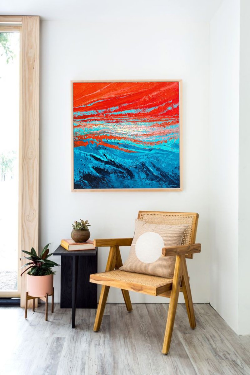 Abstract Oil Painting By Tigran Mamikonyan, 31 X 31", Red Sky 80i?80Cm, Original Artwork