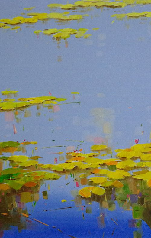 Waterlilies in Cobalt, Large Original oil Painting, Portrait Orientation,  Impressionism, Handmade artwork, One of a Kind by Vahe Yeremyan