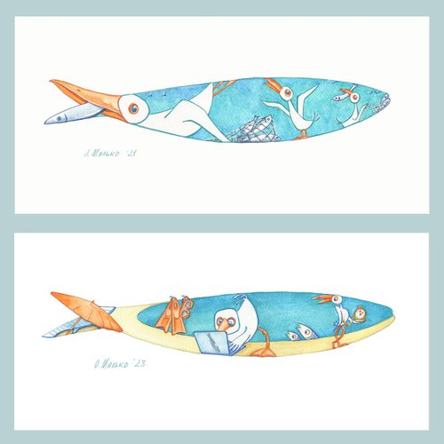 Cuckoo, Don’t miss the boat! 42x20cm. Workaholic take a rest! 42x20cm. Set from the series My Sardines / ORIGINAL art Fish picture by Olha Malko