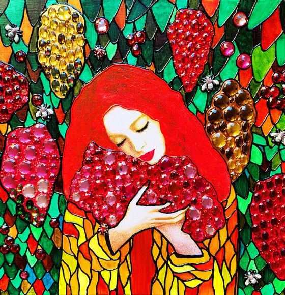 Woman and grape - original portrait photo collage with crystals