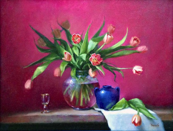 Tulips. Original Oil Painting. Framed oil painting.