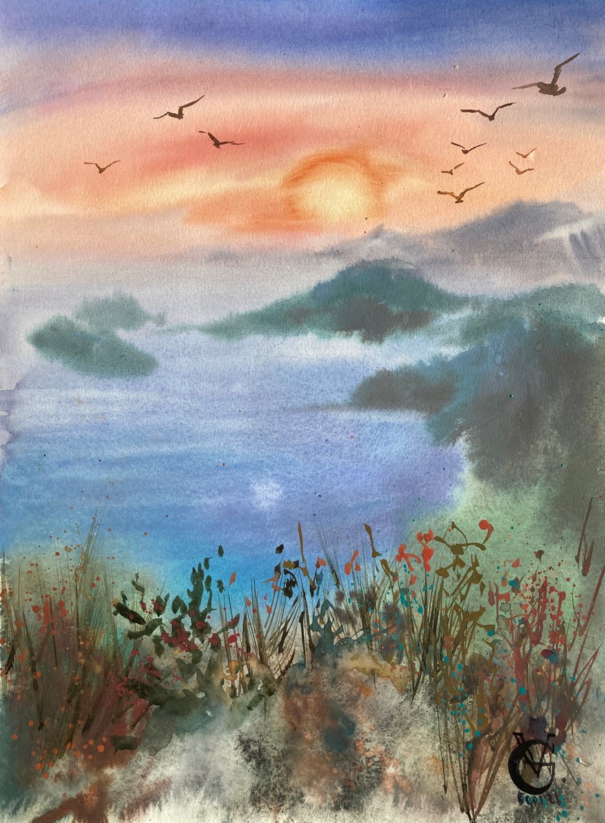 Impressionistic Landscape Watercolour By Valeria Golovenkina, 12 X 16", Foggy Sunset, Original Artwork