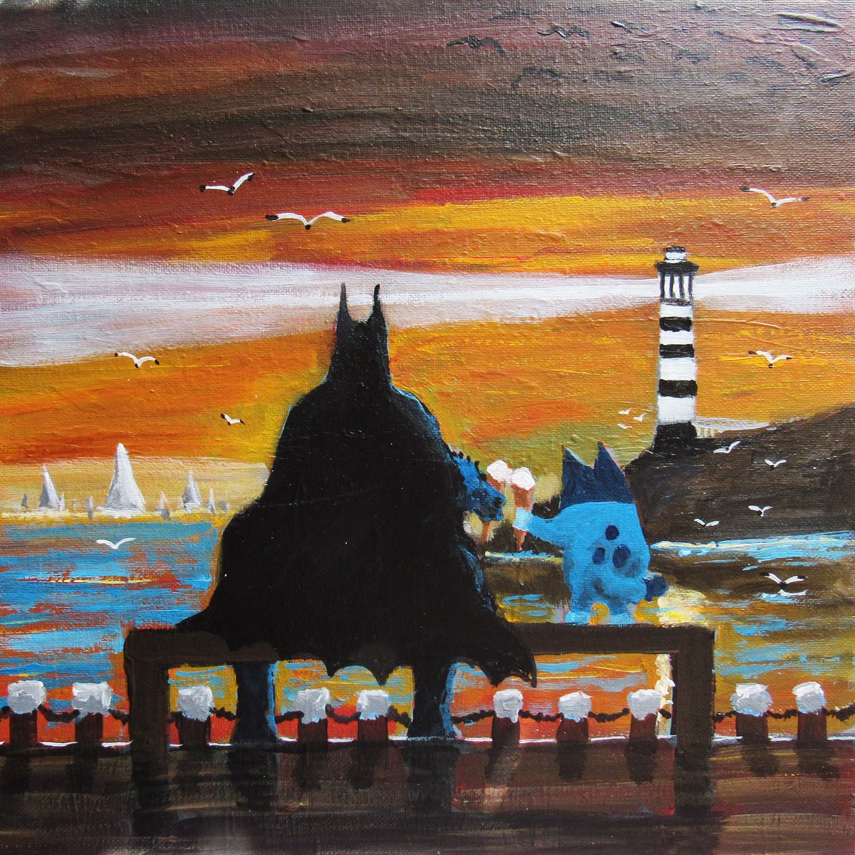 Illustrative Abstract Acrylic Painting By William F. Adams, 12 X 12", Even Superheroes Need A Break, Original Artwork
