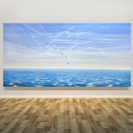 Flying Solo is a wide panoramic seascape painting