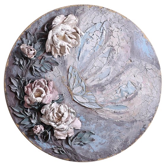 Butterfly * Large 60 cm in diameter circle artwork * Sculpture painting on wood with crackle * 2017 Painting by Evgenia Ermilova