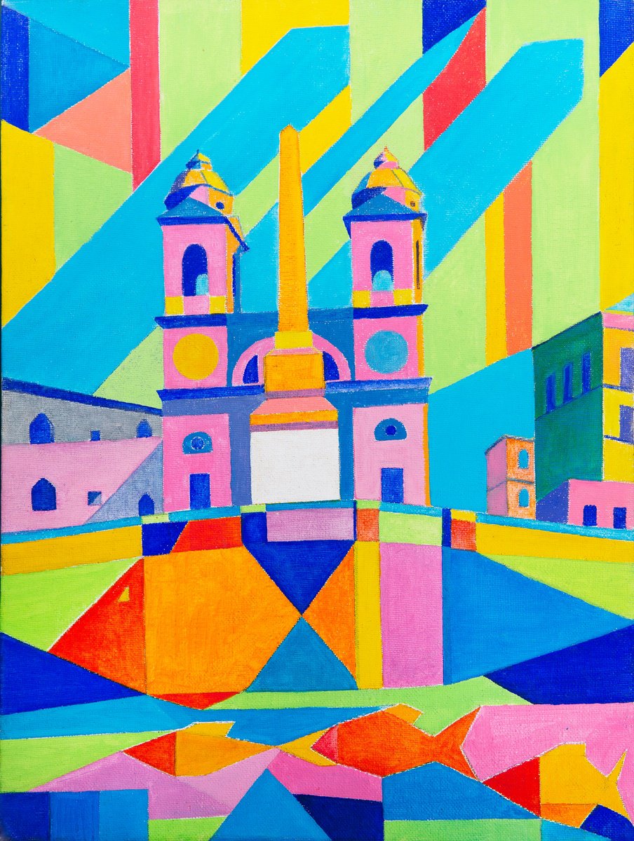 Geometric Cityscapes Acrylic Painting By Denys Kuvaiev, 14 X 18, Spanish Steps Rome, Original Artwork