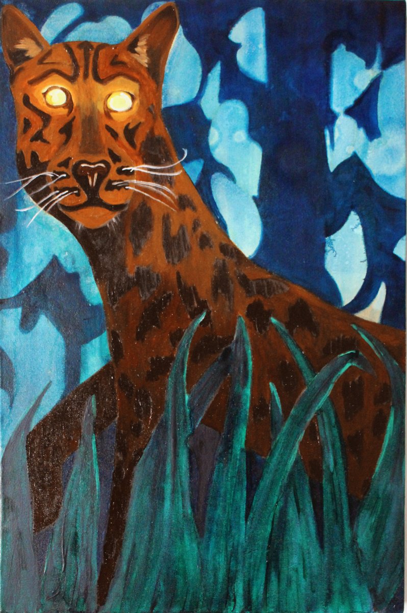 Naive Animal Oil Painting By Ben Stephenson, 17 X 28, Nightwatch, Original Artwork