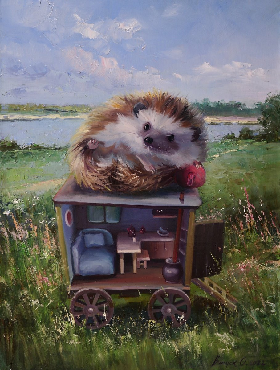 Illustrative Animal Oil Painting By Lena Vylusk, 12 X 16", "Day Off", Original Artwork