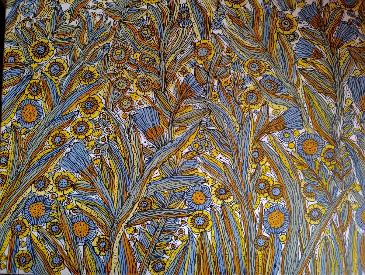 Impressionistic Botanical Acrylic Painting By Tetiana Osadchuk, 16 X 12", Yellow-Blue Flowers, Original Artwork