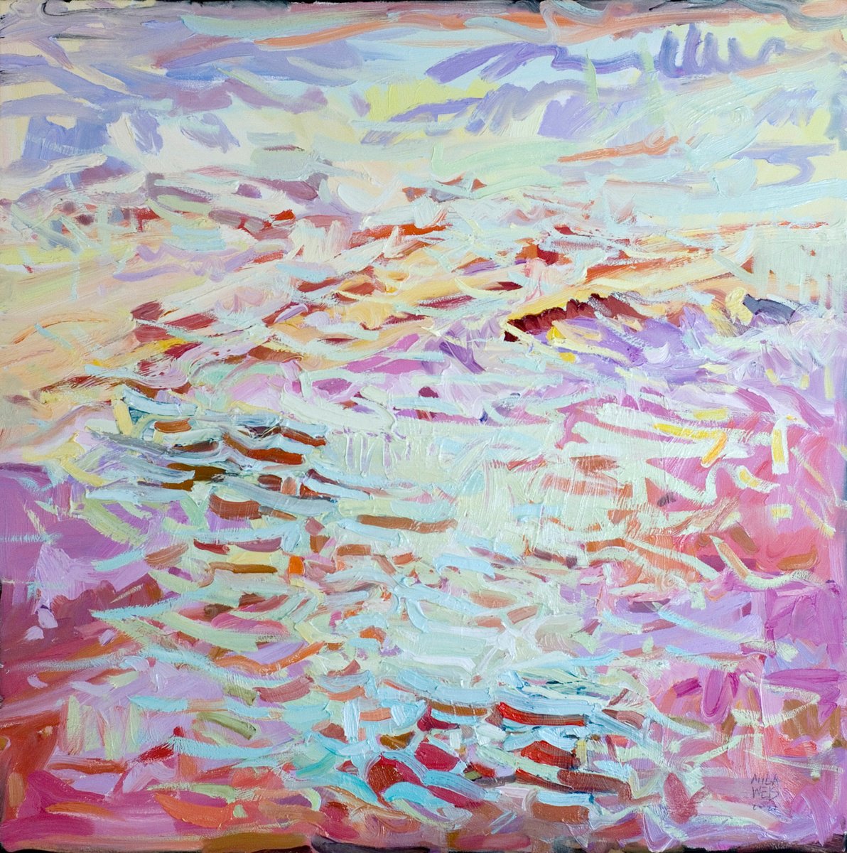 Impressionistic Landscape Oil Painting By Mila Weis, 31 X 31", Pink Sea, Original Artwork