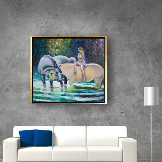 HORSE RIDING OF A DREAMY YOUNG WOMAN Impressionist Oil Painting