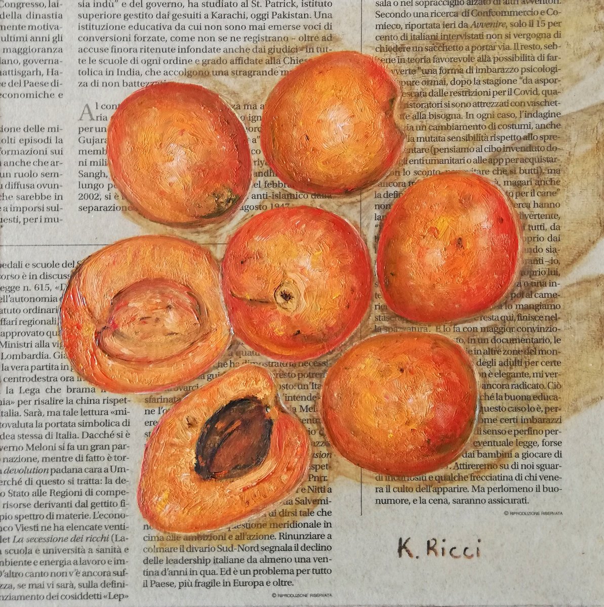 Apricots on Newspaper by Katia Ricci