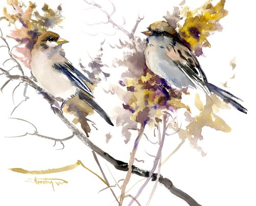 Sparrow Birds and dry flowers by Suren Nersisyan