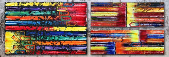 "The Grown-Ups Are Talking" - Original Xt Large PMS Abstract Triptych Oil Paintings On Canvas and Recycled Wood - 76" x 26"