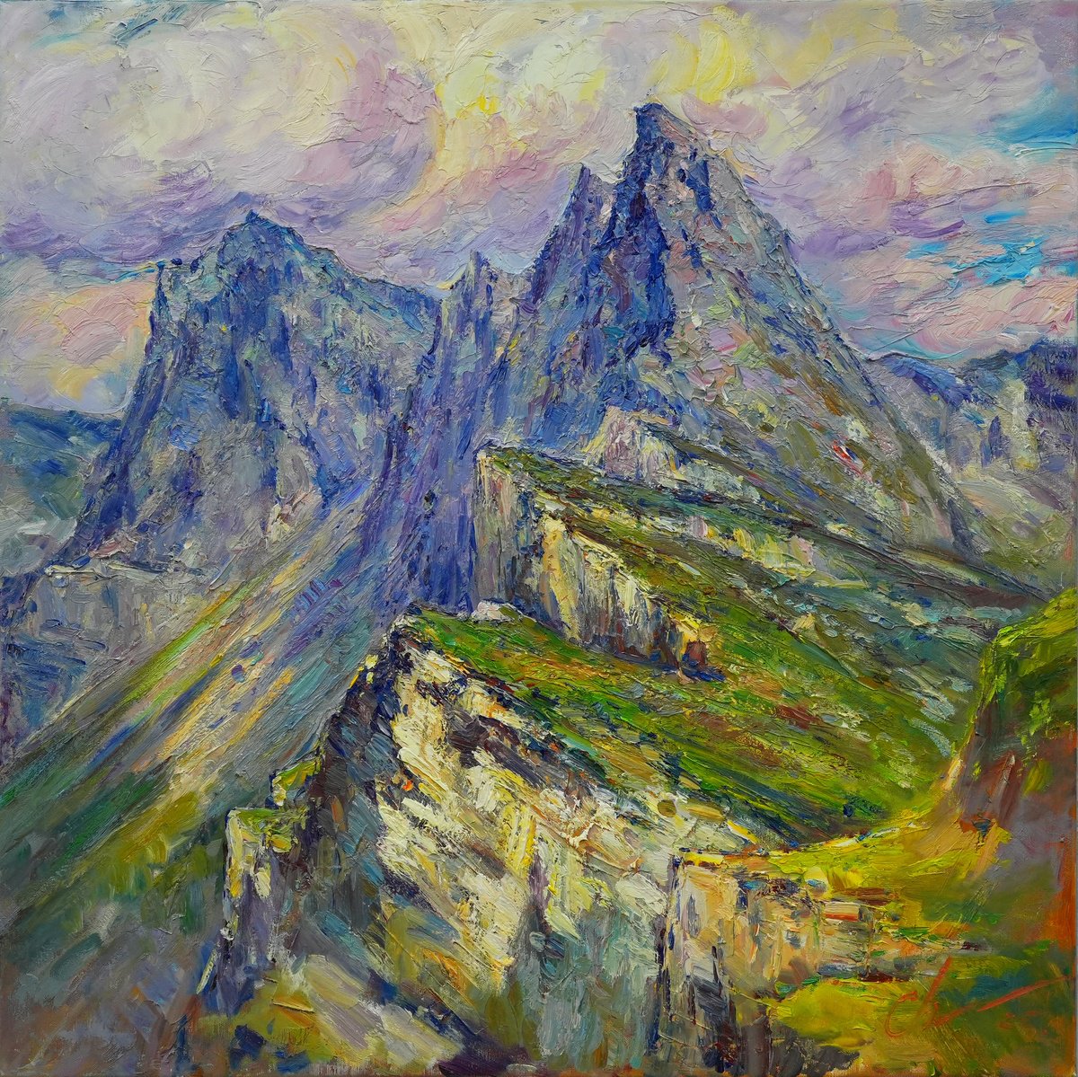 Impressionistic Landscape Oil Painting By Serhii Cherniakovskyi, 31 X 31", Dolomite Alps, Original Artwork