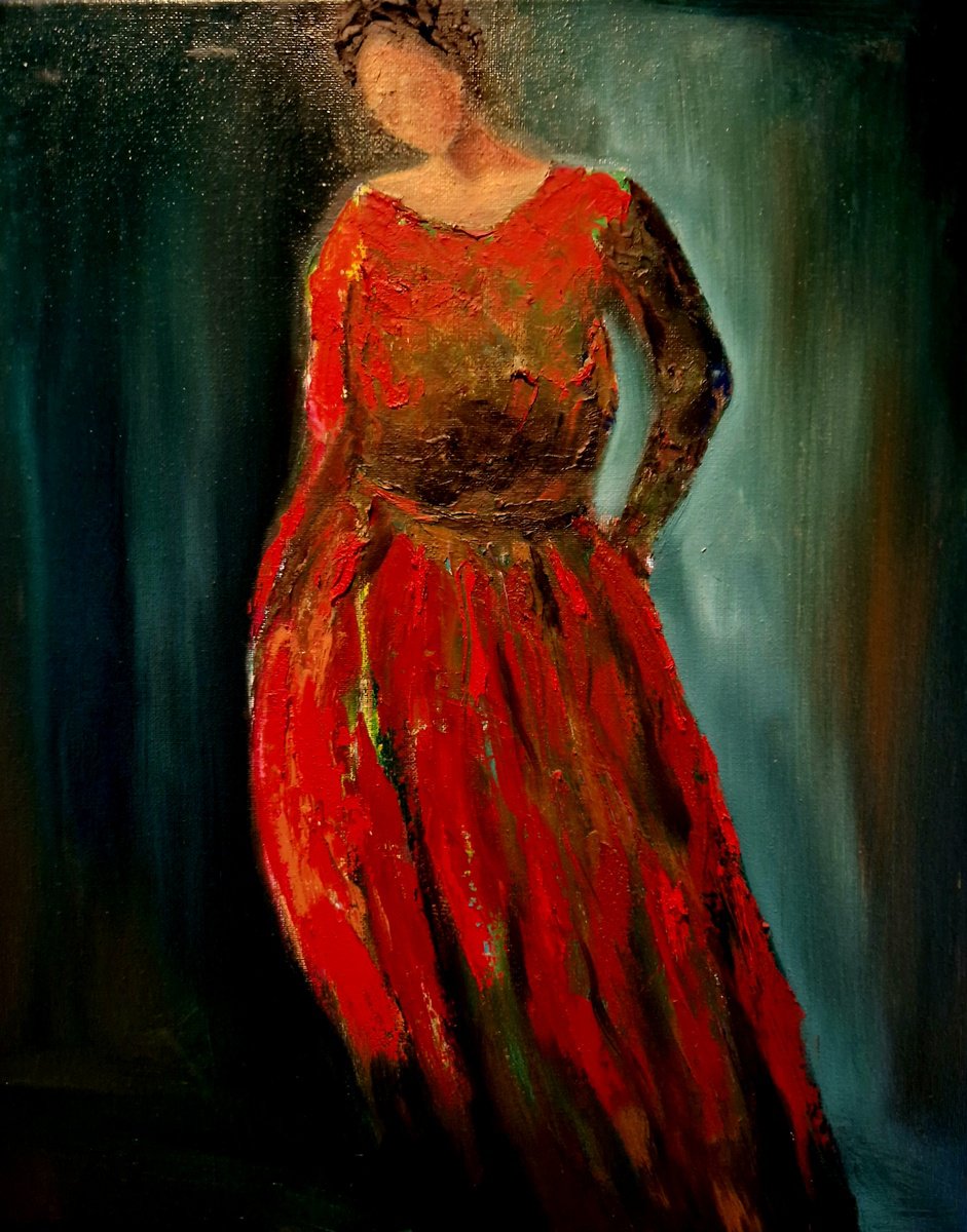 Expressive Portrait Oil Painting By Leezee Lee ( Georgiana L. Nicolae), 16 X 20", Lady In Red, Original Artwork