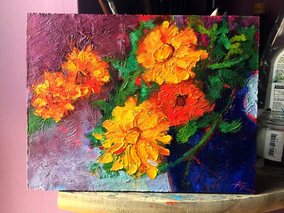 Sunny Marigold Flowers Oil Painting