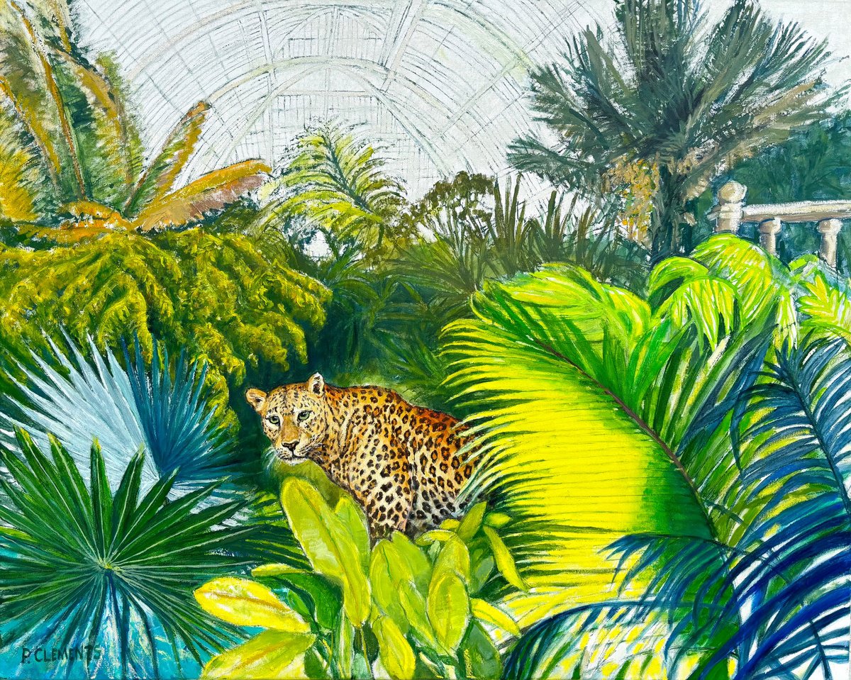 Impressionistic Landscape Oil Painting By Patricia Clements, 39 X 31", Leopard At Kew Gardens, Original Artwork