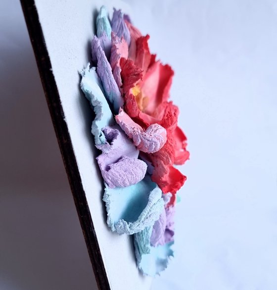 Flower panel rainbow peony 2. Small ceramic sculpture 3d flower with red and blue petals. Colourful peony botanical relief  - Xmas gift