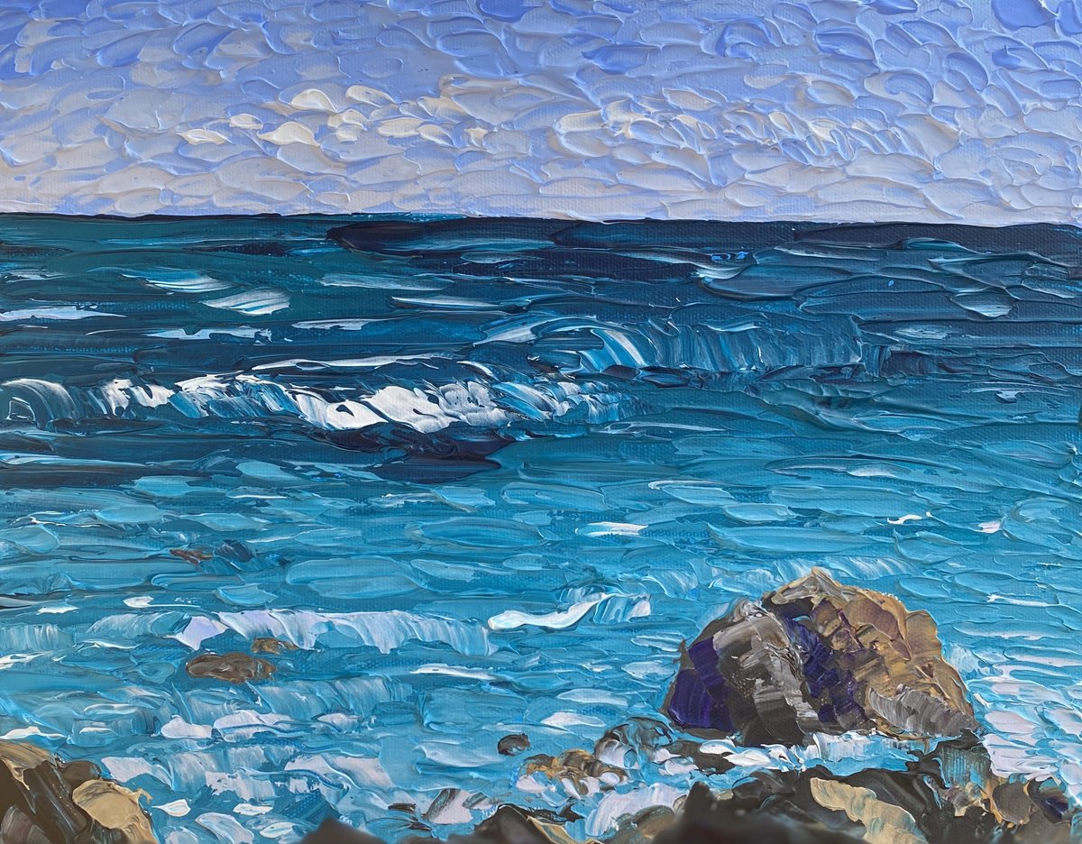 Impressionistic Landscape Acrylic Painting By Guzaliya Xavier, 14 X 11, Rocky Beach, Original Artwork