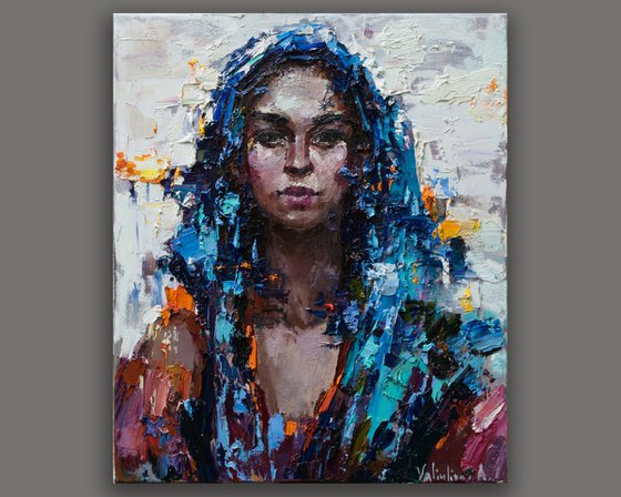 Woman in Blue head scarf - Original oil painting