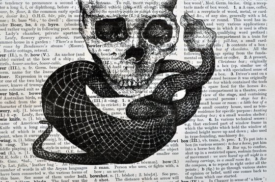 Skull and Snake - Collage Art on Large Real English Dictionary Vintage Book Page