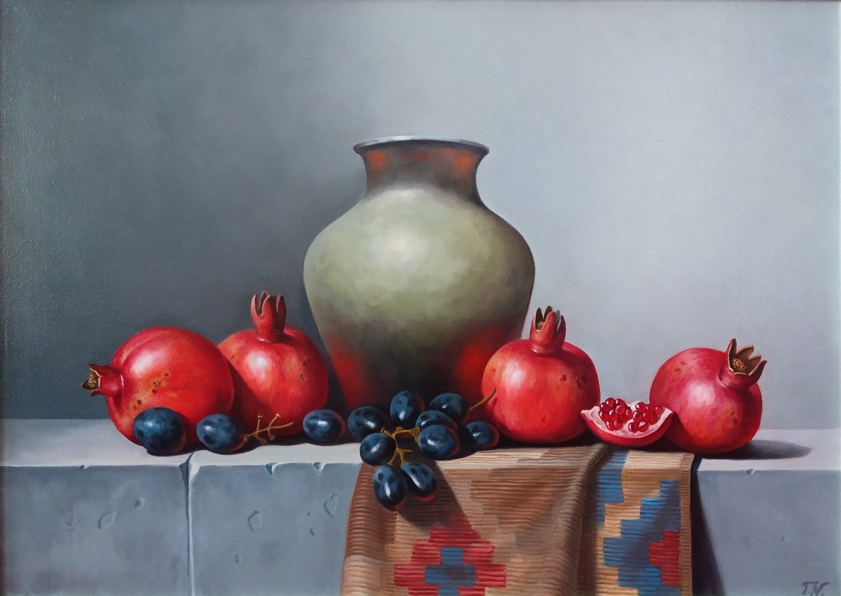 Photorealistic Still Life Oil Painting By Tamar Nazaryan, 28 X 20", Still Life With Pomegranates, Original Artwork