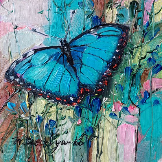 Butterfly and flowers art painting original oil framed, Blue Morpho butterfly small artwork, Butterfly gifts for women