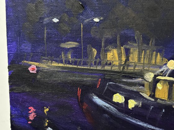Nighttime Dutch canal boat