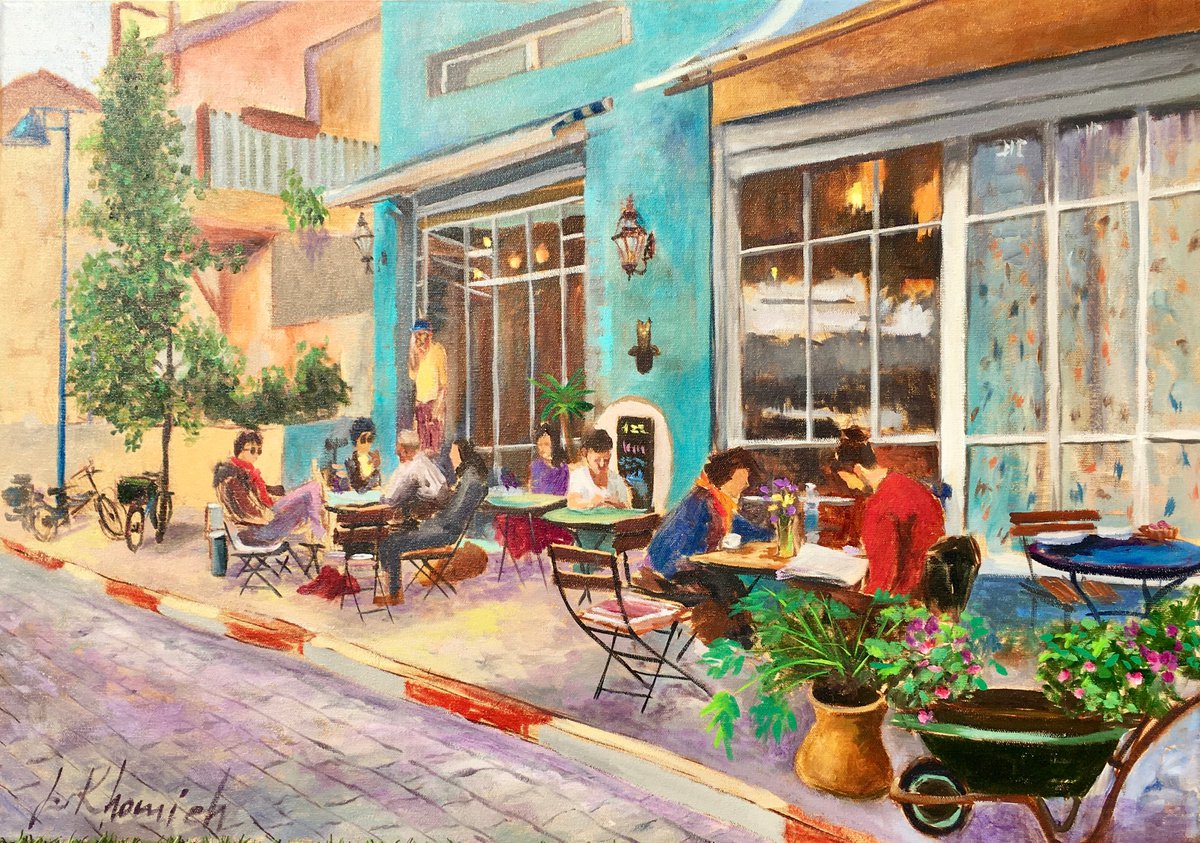 People eating, Israeli street cafe, original oil painting by Leo Khomich