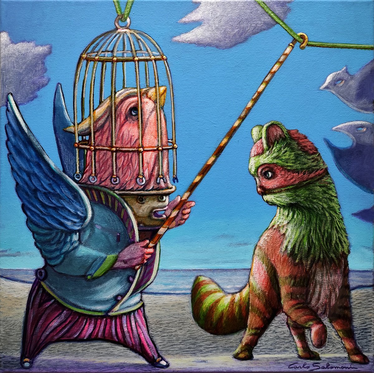 Surrealistic Animal Painting By Carlo Salomoni, 16 X 16, The Winged Dream Catcher !, Original Artwork
