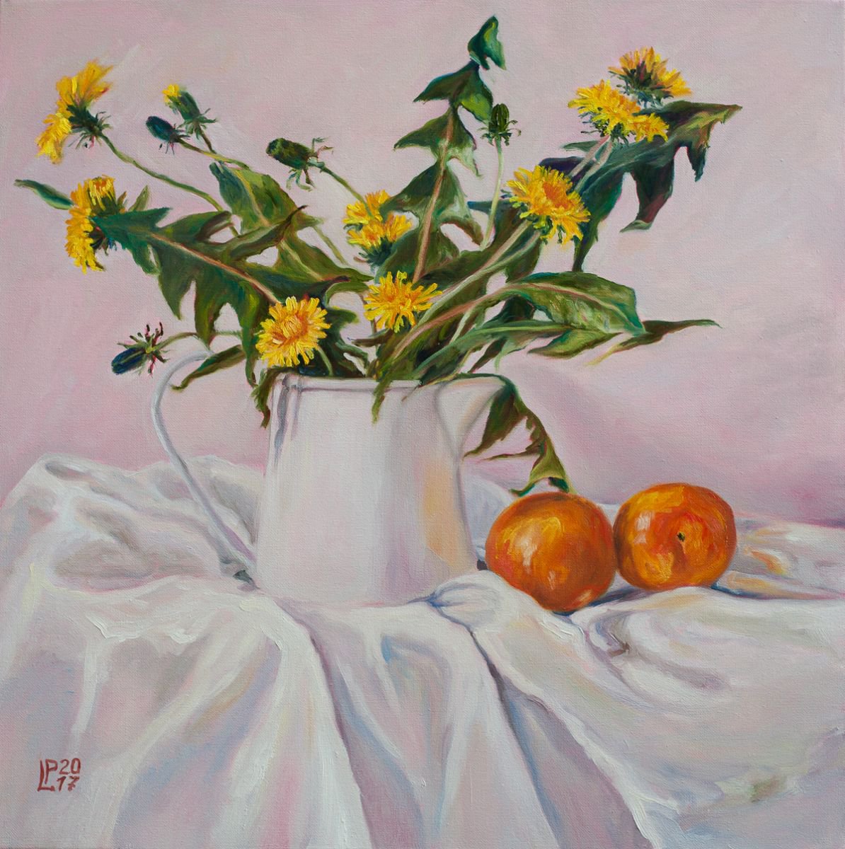 Photorealistic Still Life Oil Painting By Liudmila Pisliakova, 16 X 16", Still Life With Dandelions, Original Artwork