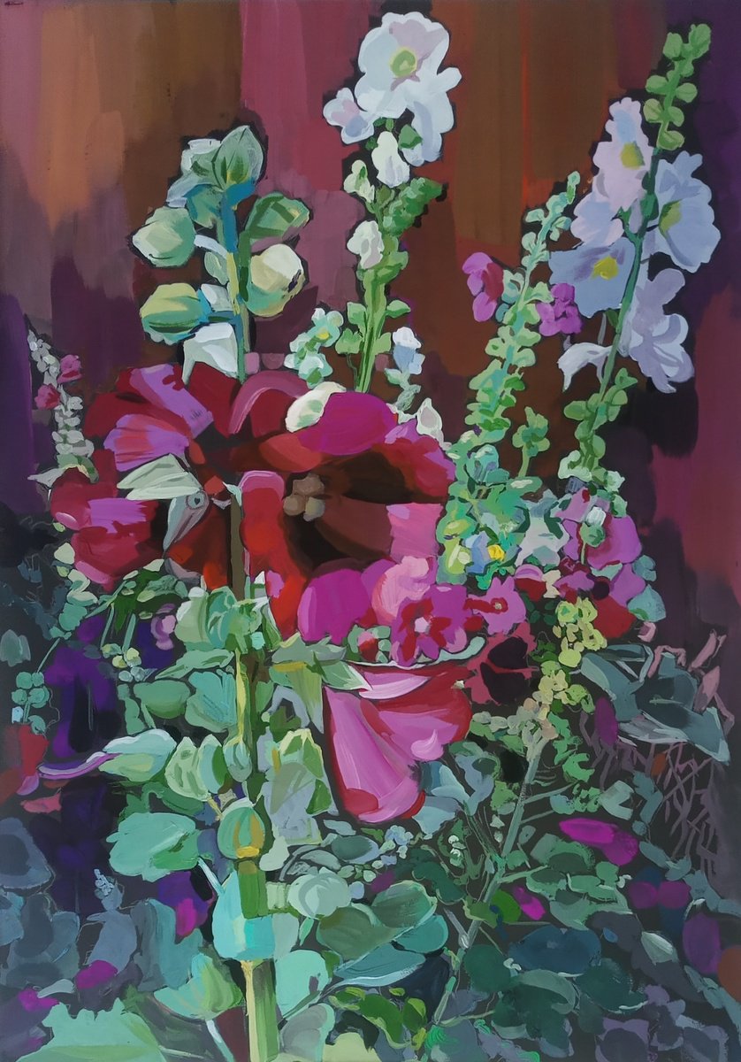 Impressionistic Botanical Painting By Valentina Kachina, 20 X 28", Mallow, Original Artwork