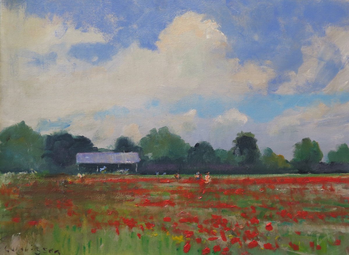 Impressionistic Landscape Oil Painting By Malcolm Ludvigsen, 25 X 19", Poppy Field Near York 2, Original Artwork