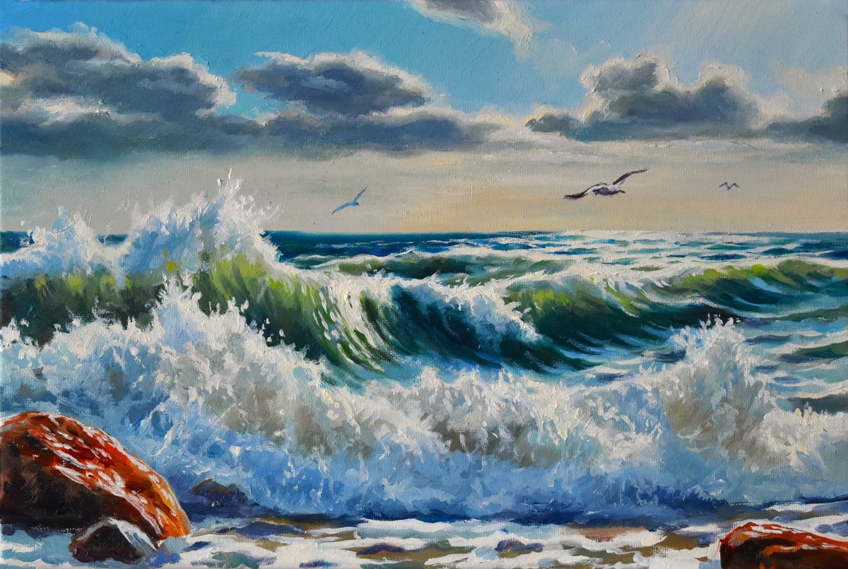Photorealistic Landscape Oil Painting By Serghei Ghetiu, 12 X 8", A Seascape With Crushing Waves, Original Artwork