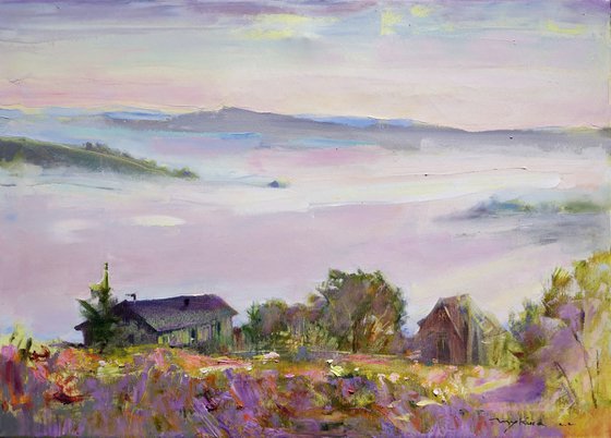 Custom landscape | House of dream in the mountains . Autumn dawn, fog, garden. Original oil painting