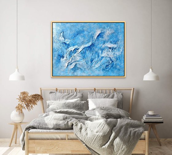 SEAFOAM BEAUTY. Large Abstract Blue White Textured Painting