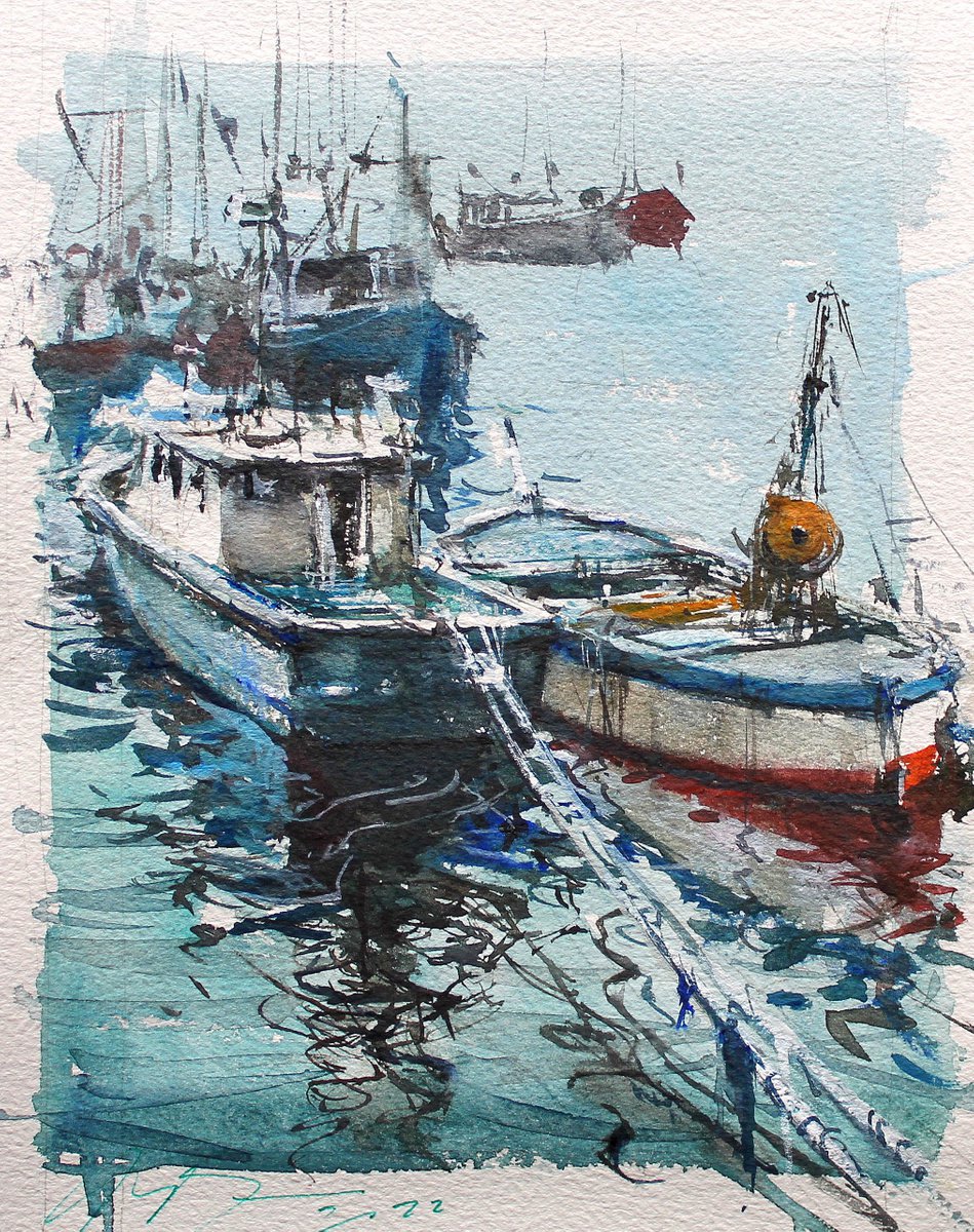 Impressionistic Landscape Watercolour By Maximo Damico, 8 X 11", Boats Sketch, Original Artwork