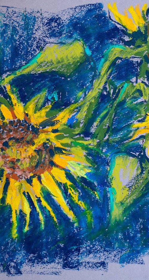 Still life with sunflowers in blue. Oil pastel painting. Small decor interior dark blue expression impression by Sasha Romm