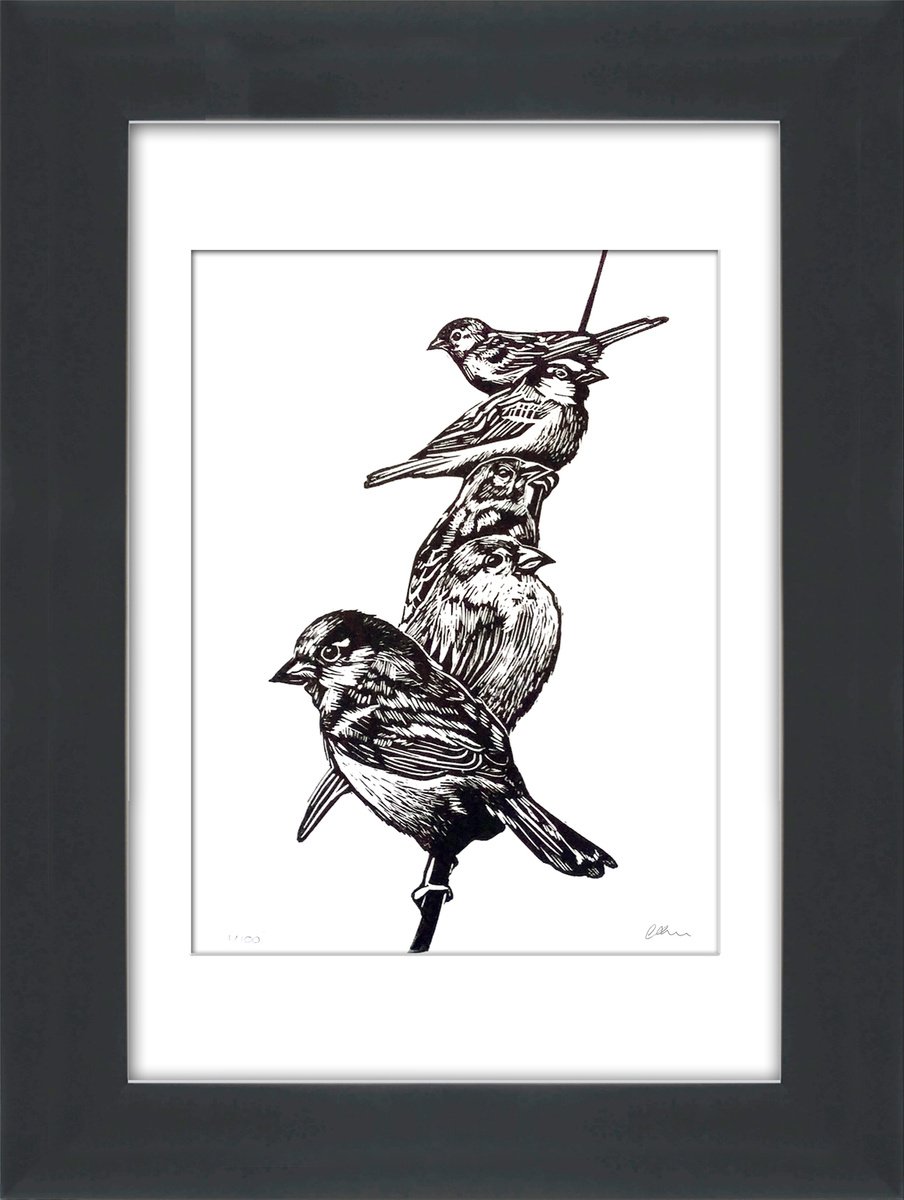 Form an orderly queue -framed and ready to hang (sparrows on a wire linoprint) by Carolynne Coulson