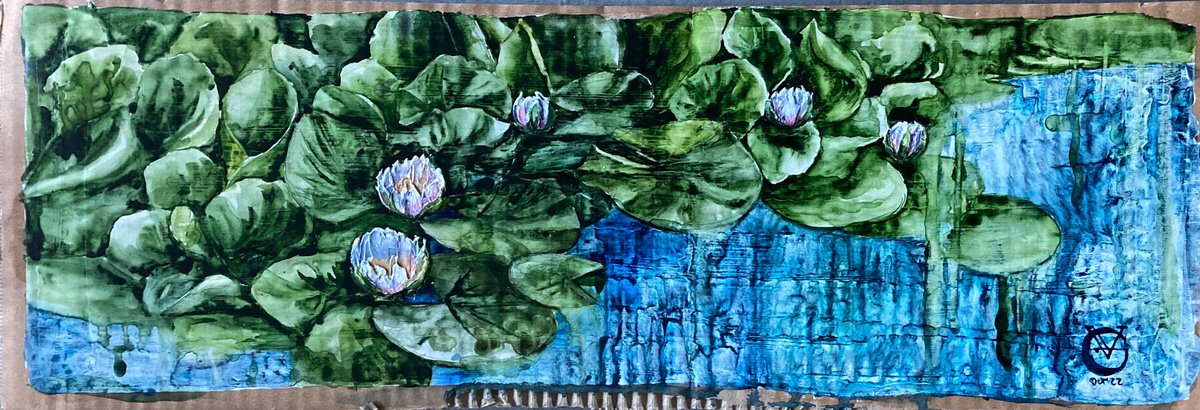 Impressionistic Botanical Painting By Valeria Golovenkina, 24 X 8", Water Lilies In White 2, Original Artwork