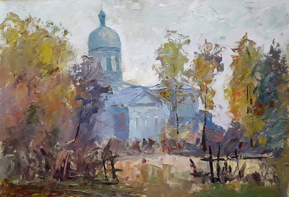 Oil painting The village of Guti temple nSerb490 by Boris Serdyuk